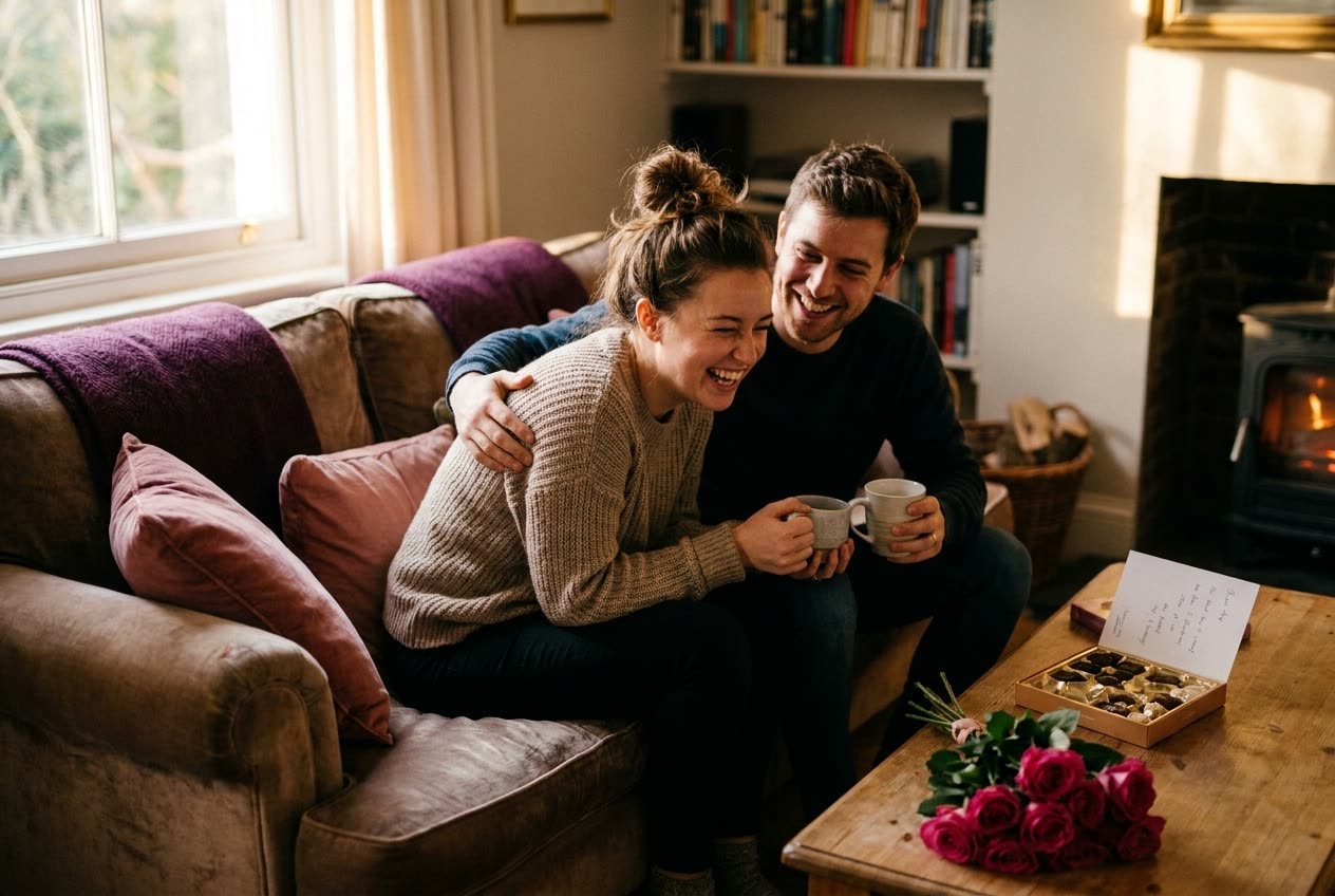 A person and their boyfriend sharing a joyful valentine's day moment at home