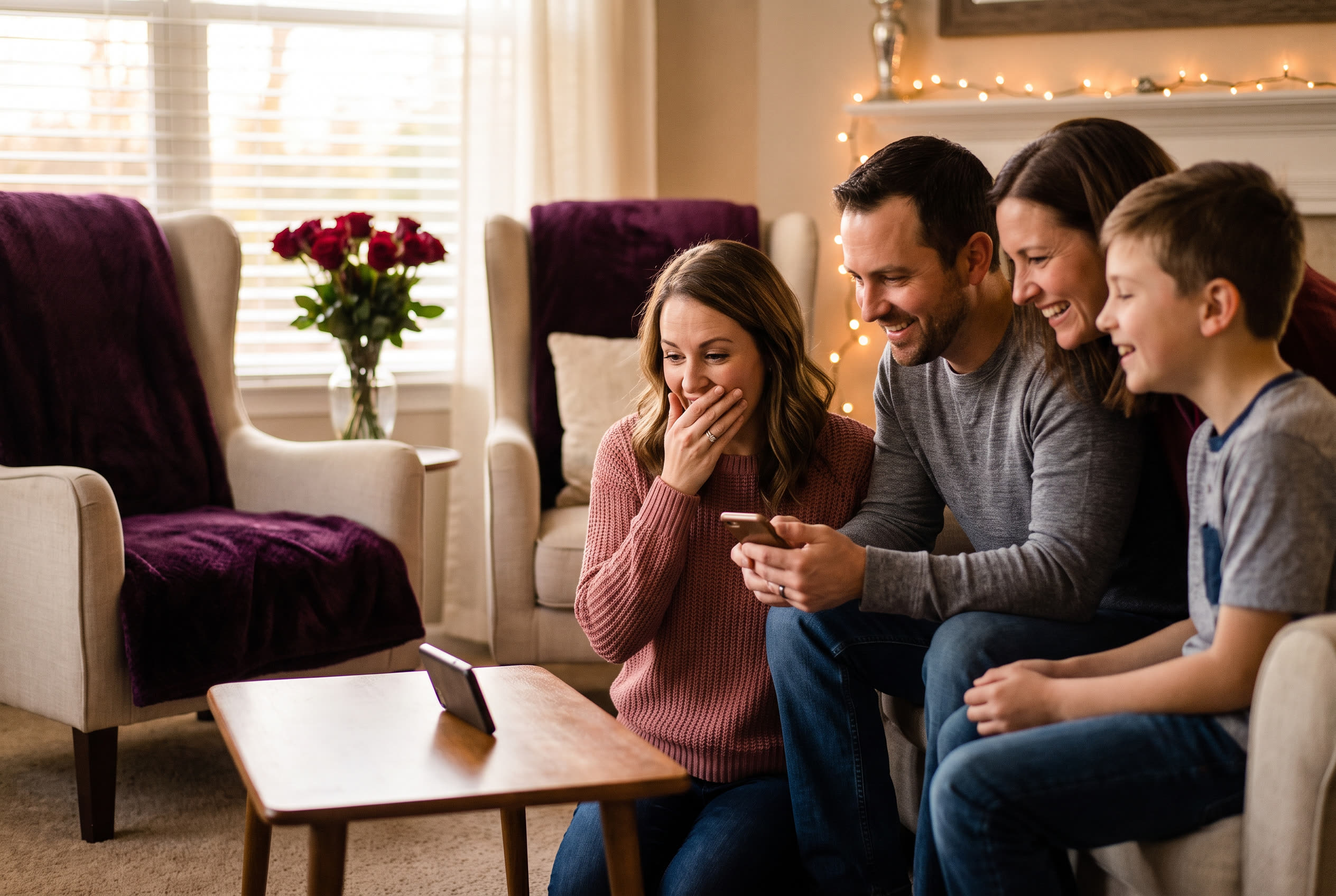 A family playing a song from a smartphone for their girlfriend during a valentine's day celebration, everyone listening with delighted smiles