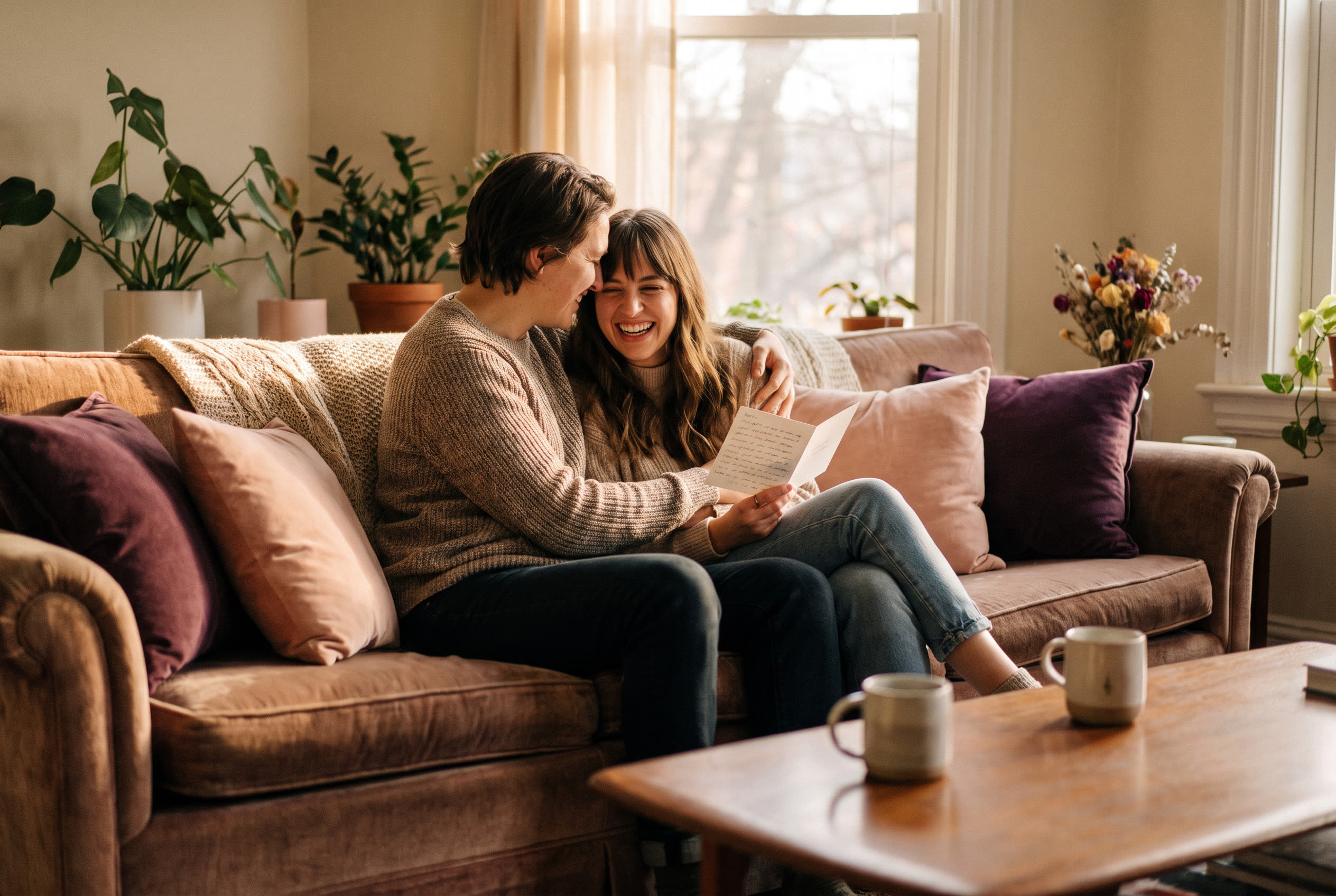A person and their girlfriend sharing a joyful valentine's day moment at home