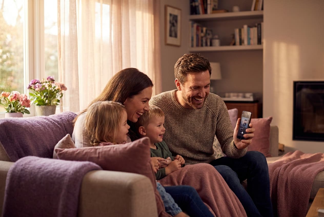 A family playing a song from a smartphone for their husband during a valentine's day celebration, everyone listening with delighted smiles