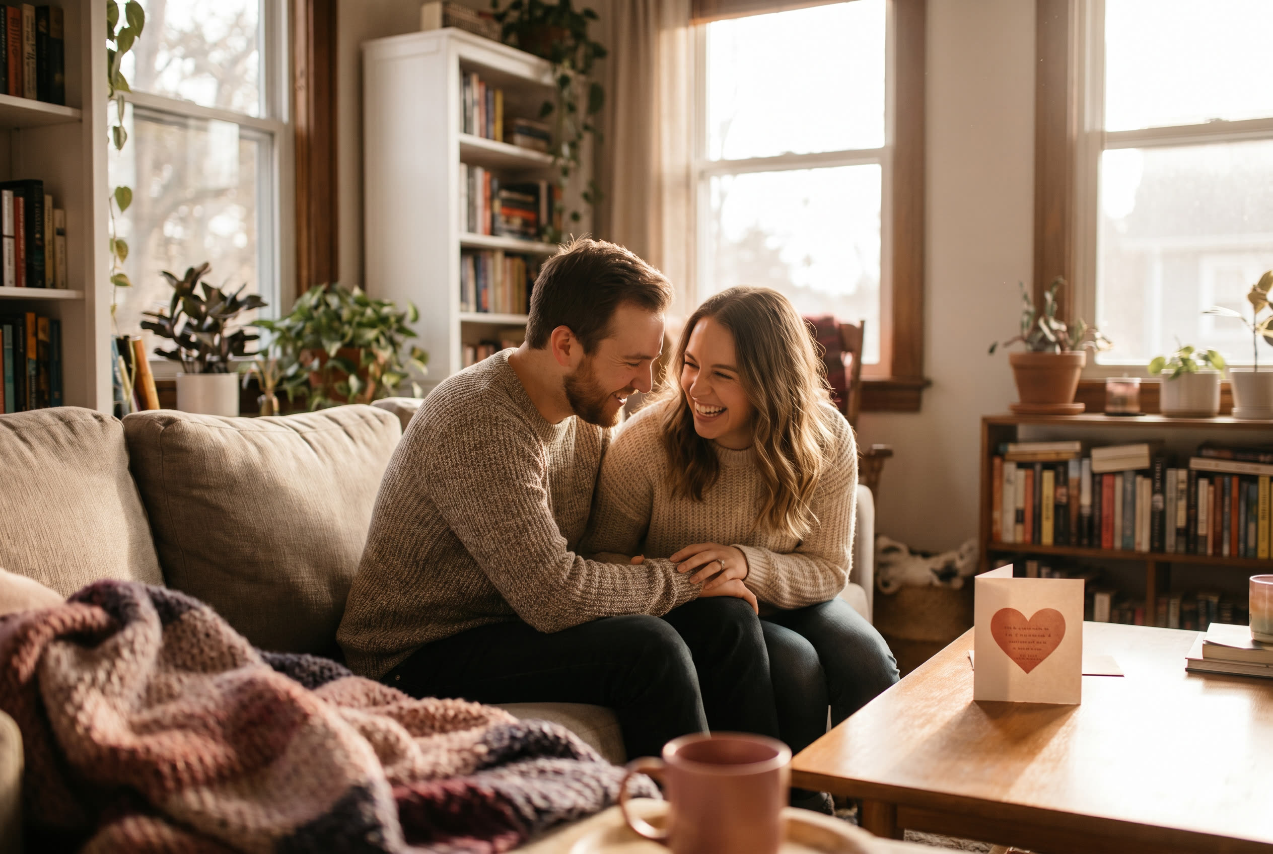A person and their husband sharing a joyful valentine's day moment at home