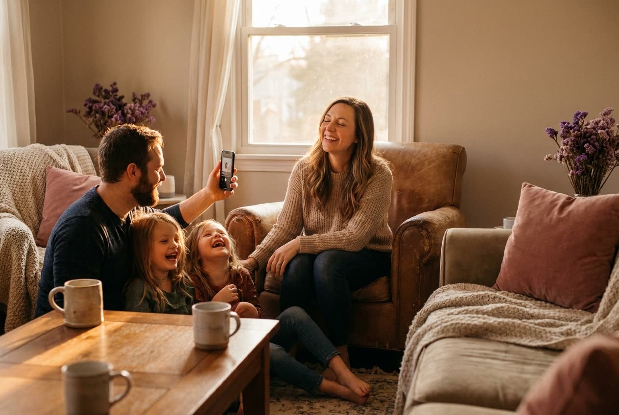 A family playing a song from a smartphone for their wife during a valentine's day celebration, everyone listening with delighted smiles