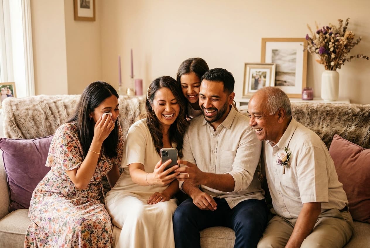 A family playing a song from a smartphone for their best friend during a wedding celebration, everyone listening with delighted smiles