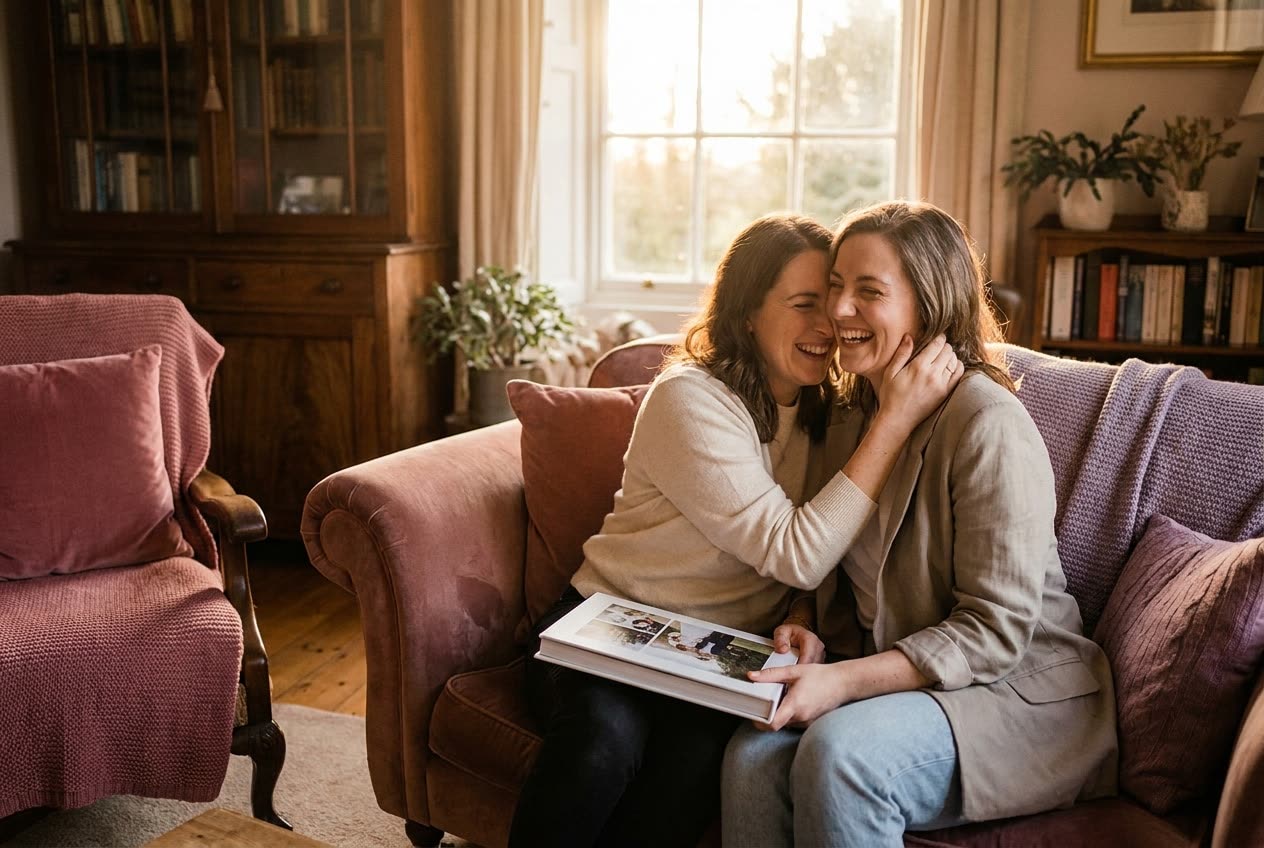 A person and their best friend sharing a joyful wedding moment at home