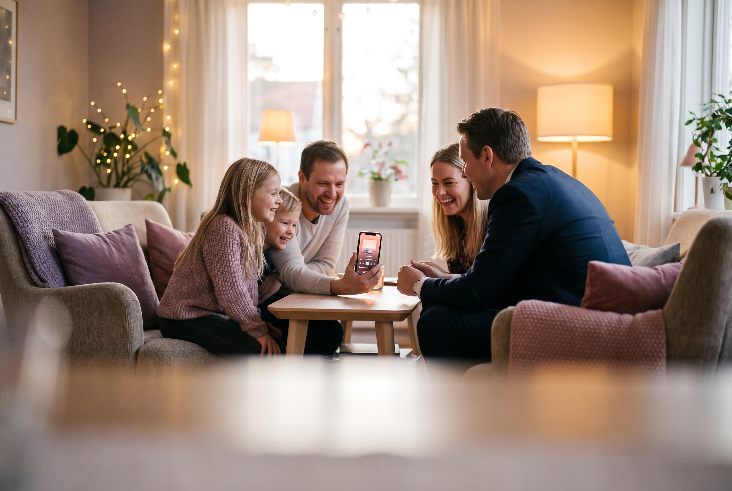 A family playing a song from a smartphone for their boyfriend during a wedding celebration, everyone listening with delighted smiles
