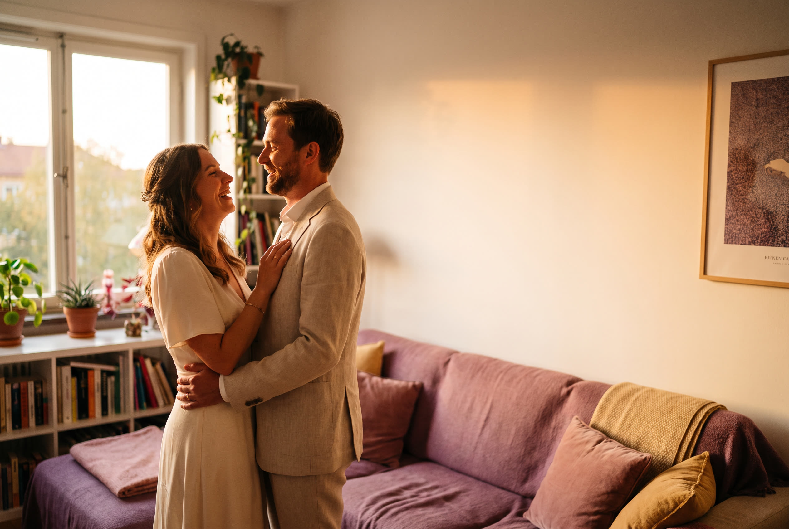 A person and their boyfriend sharing a joyful wedding moment at home