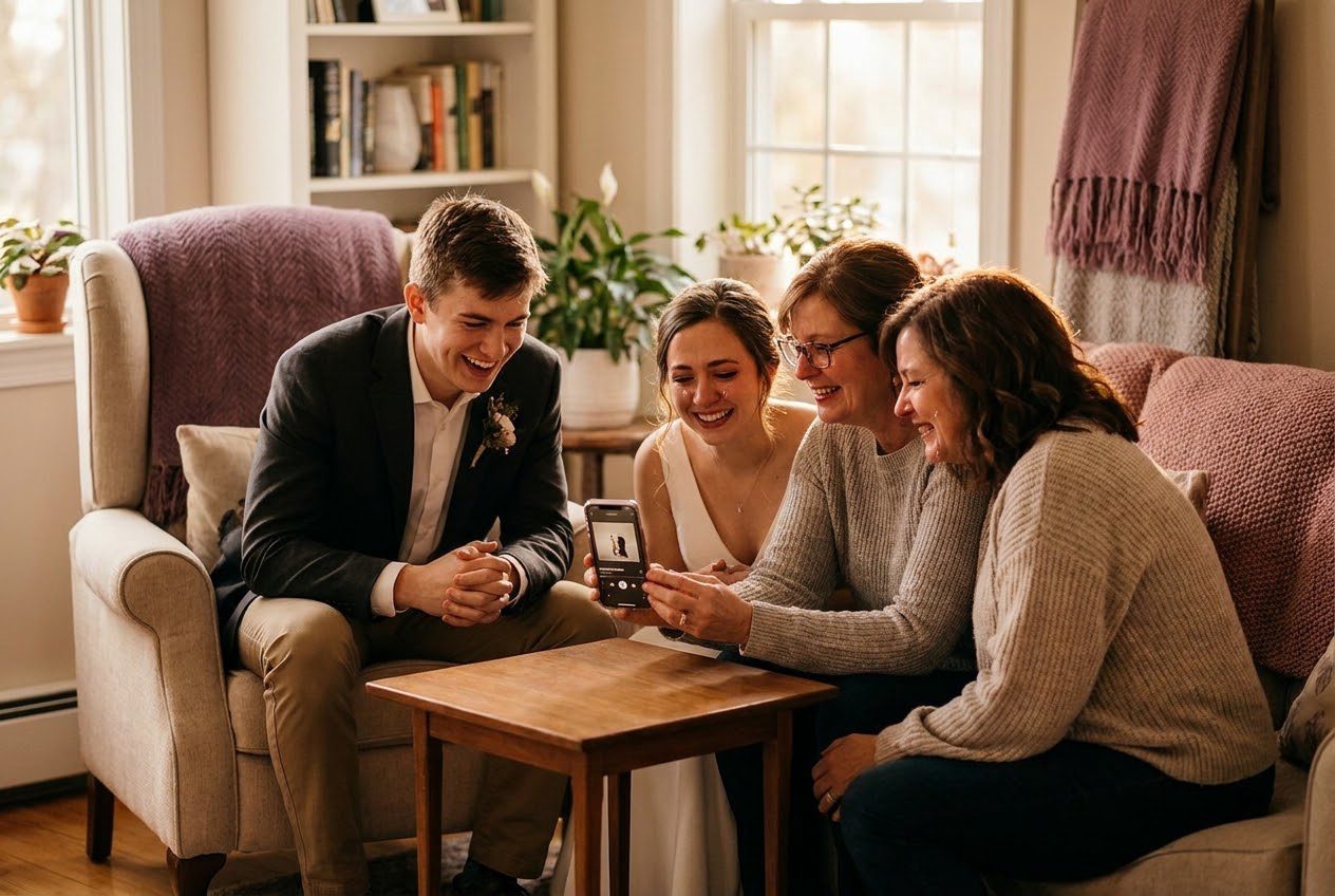 A family playing a song from a smartphone for their brother during a wedding celebration, everyone listening with delighted smiles