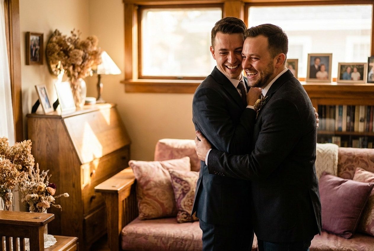 A person and their brother sharing a joyful wedding moment at home