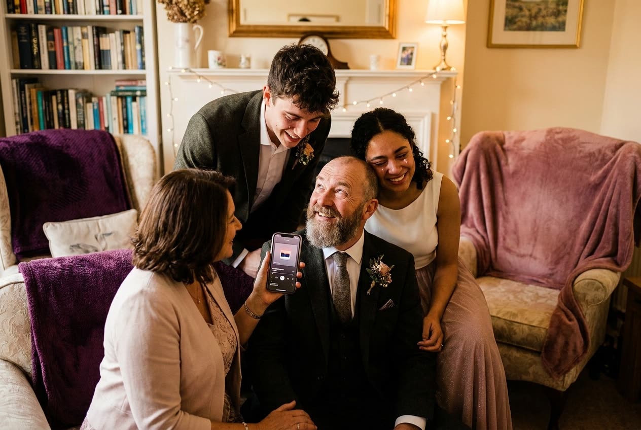 A family playing a song from a smartphone for their dad during a wedding celebration, everyone listening with delighted smiles