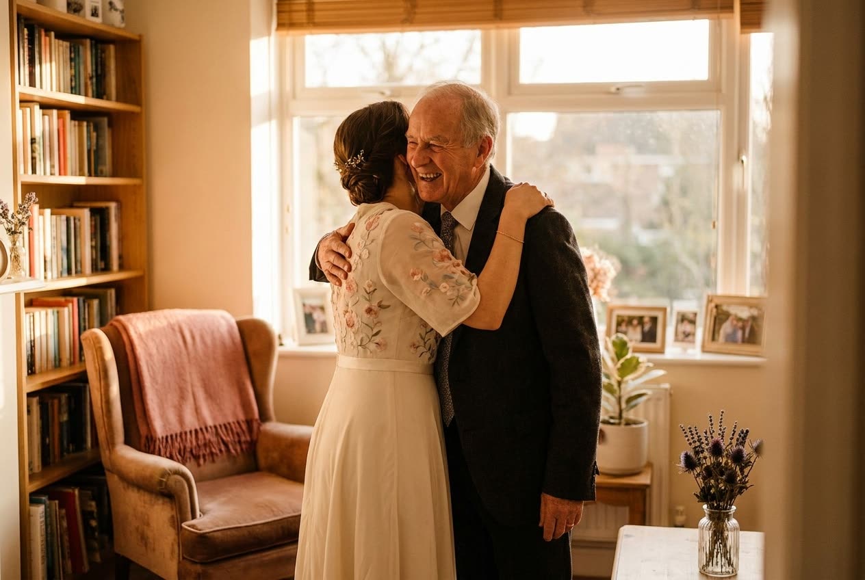 A person and their dad sharing a joyful wedding moment at home