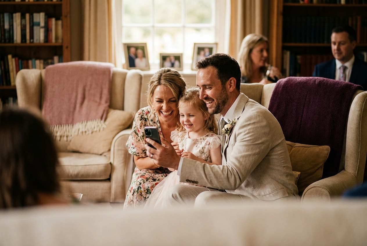 A family playing a song from a smartphone for their daughter during a wedding celebration, everyone listening with delighted smiles