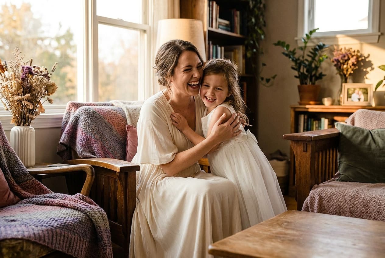 A person and their daughter sharing a joyful wedding moment at home