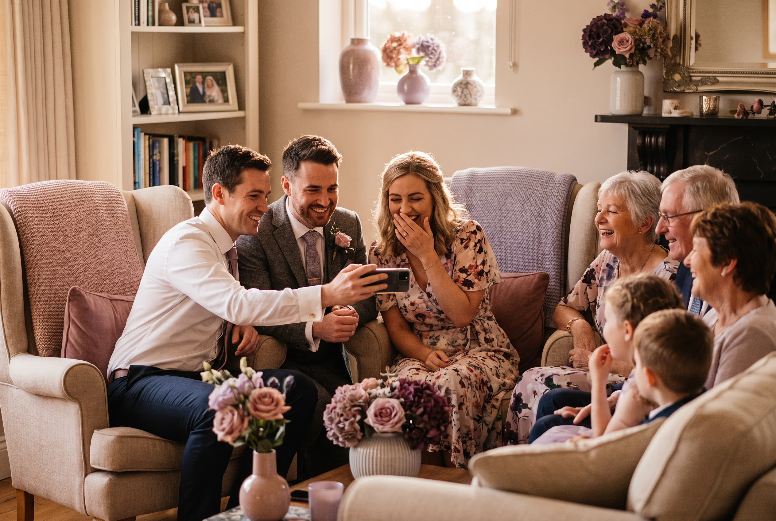 A family playing a song from a smartphone for their girlfriend during a wedding celebration, everyone listening with delighted smiles