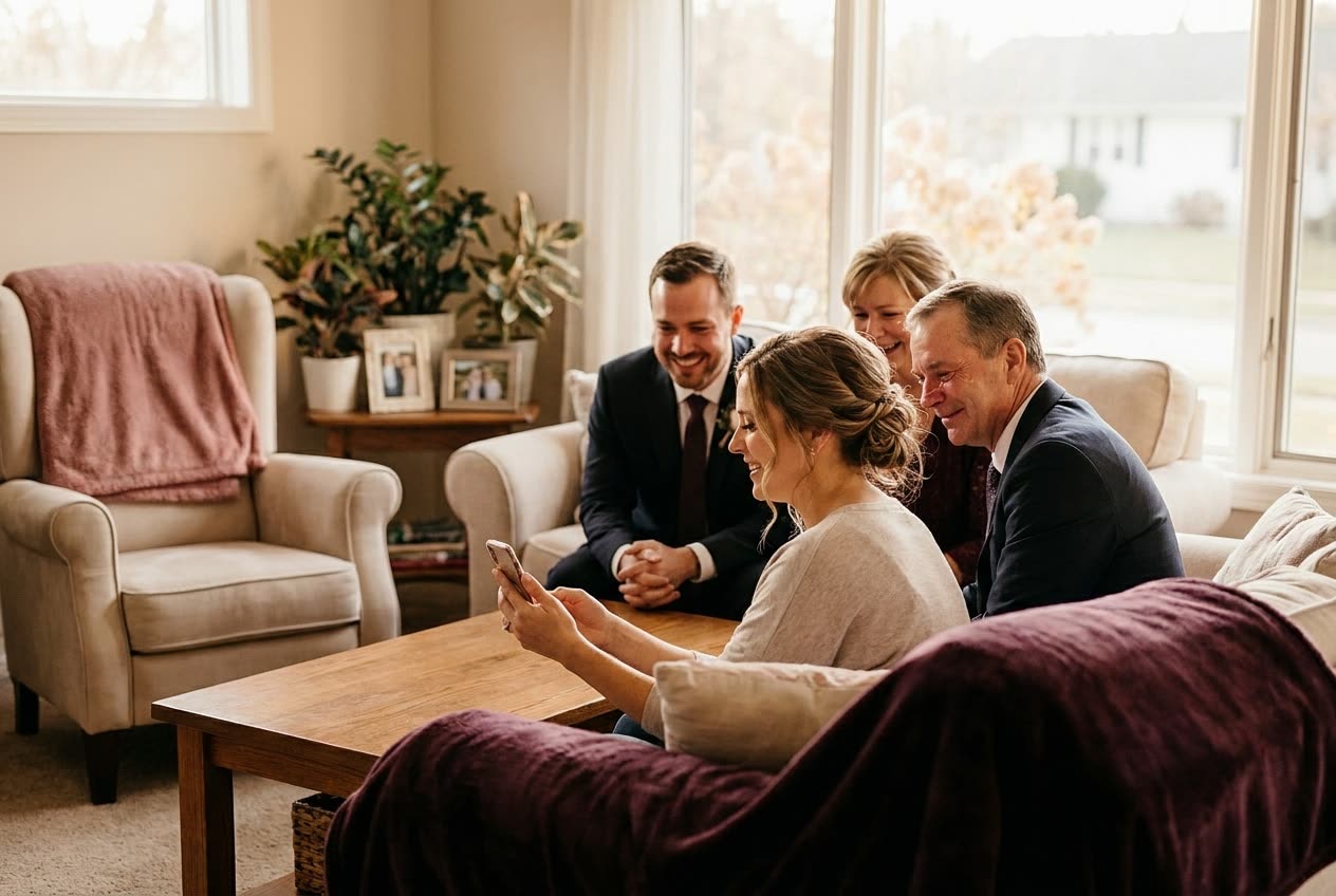 A family playing a song from a smartphone for their husband during a wedding celebration, everyone listening with delighted smiles