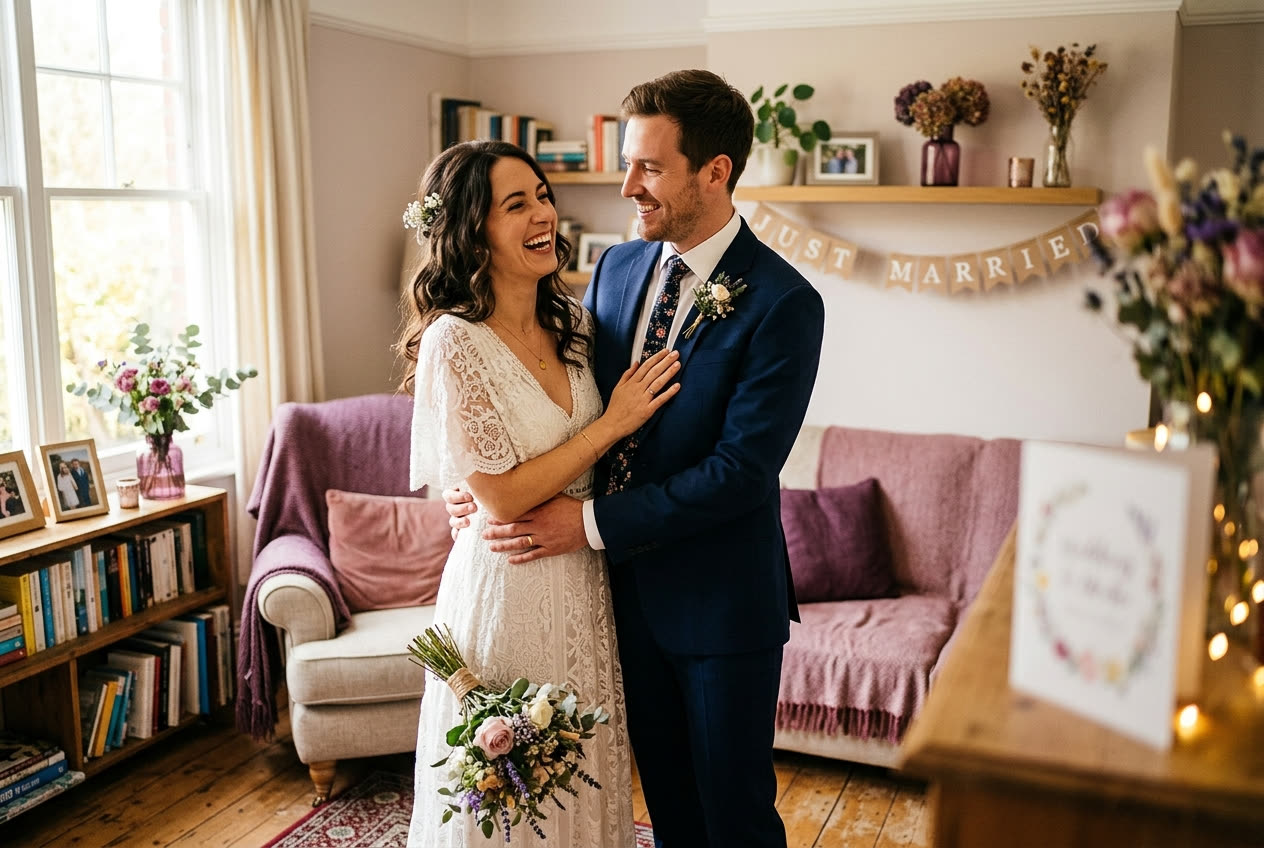 A person and their husband sharing a joyful wedding moment at home