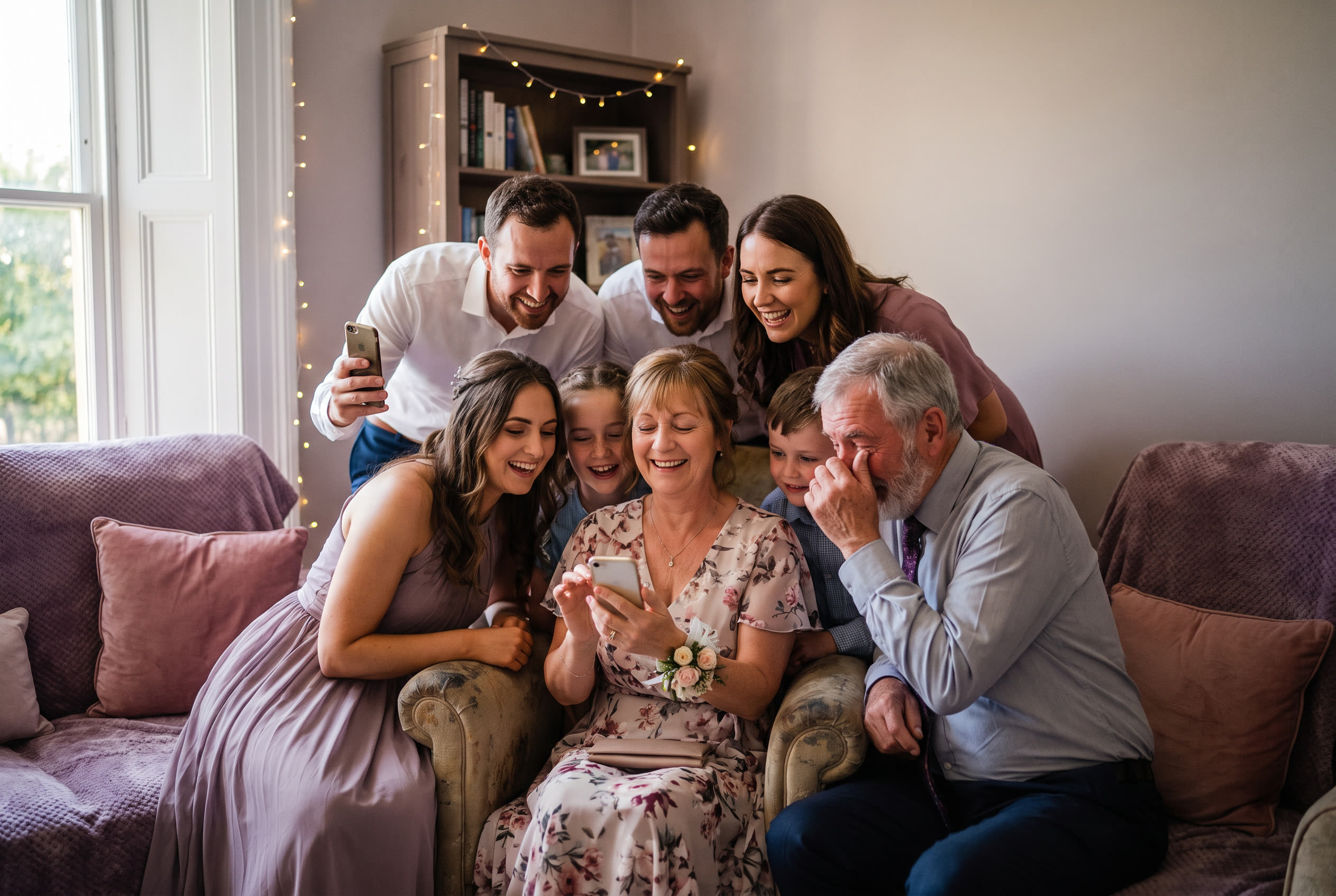 A family playing a song from a smartphone for their mom during a wedding celebration, everyone listening with delighted smiles