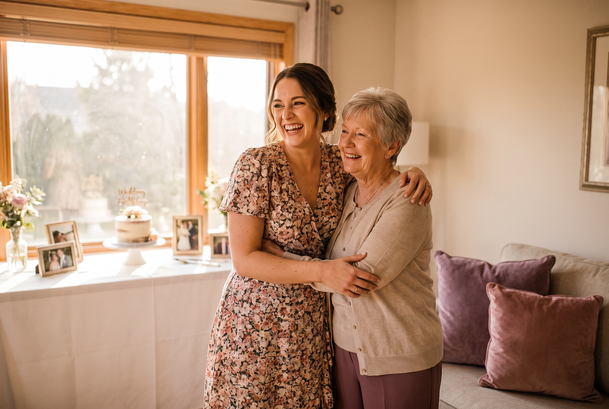 A person and their mom sharing a joyful wedding moment at home