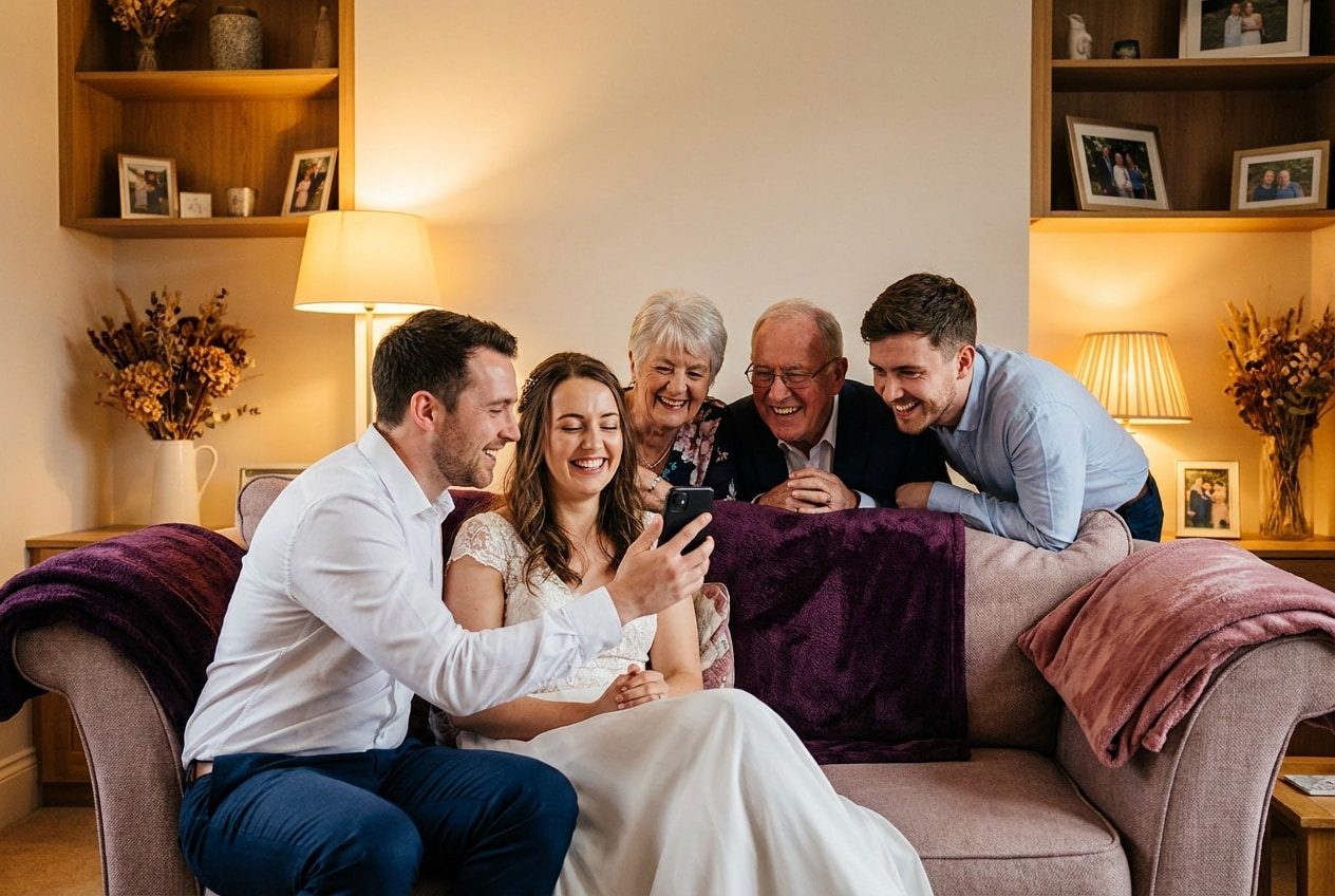 A family playing a song from a smartphone for their sister during a wedding celebration, everyone listening with delighted smiles