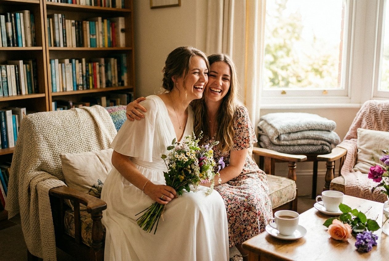 A person and their sister sharing a joyful wedding moment at home