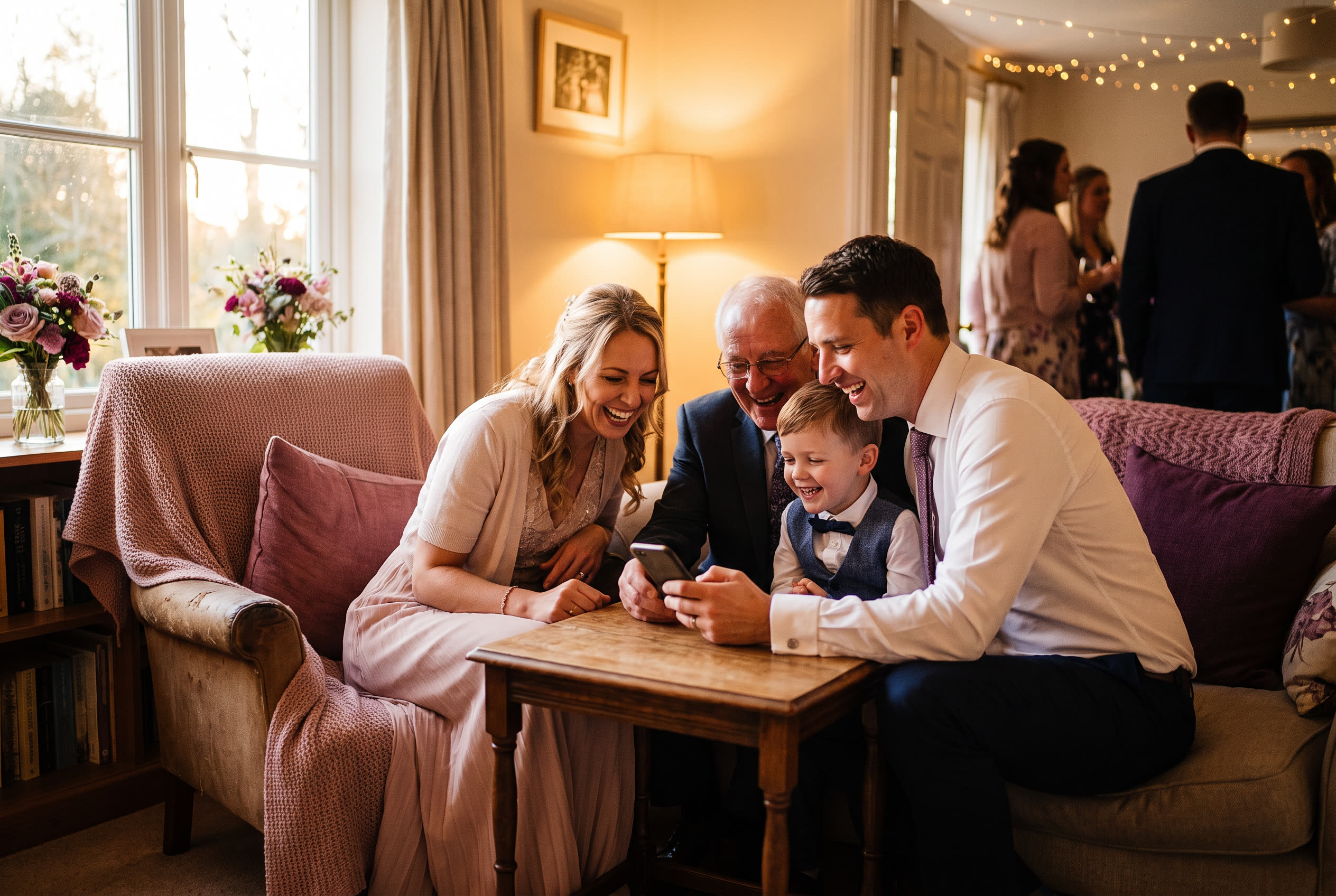 A family playing a song from a smartphone for their son during a wedding celebration, everyone listening with delighted smiles
