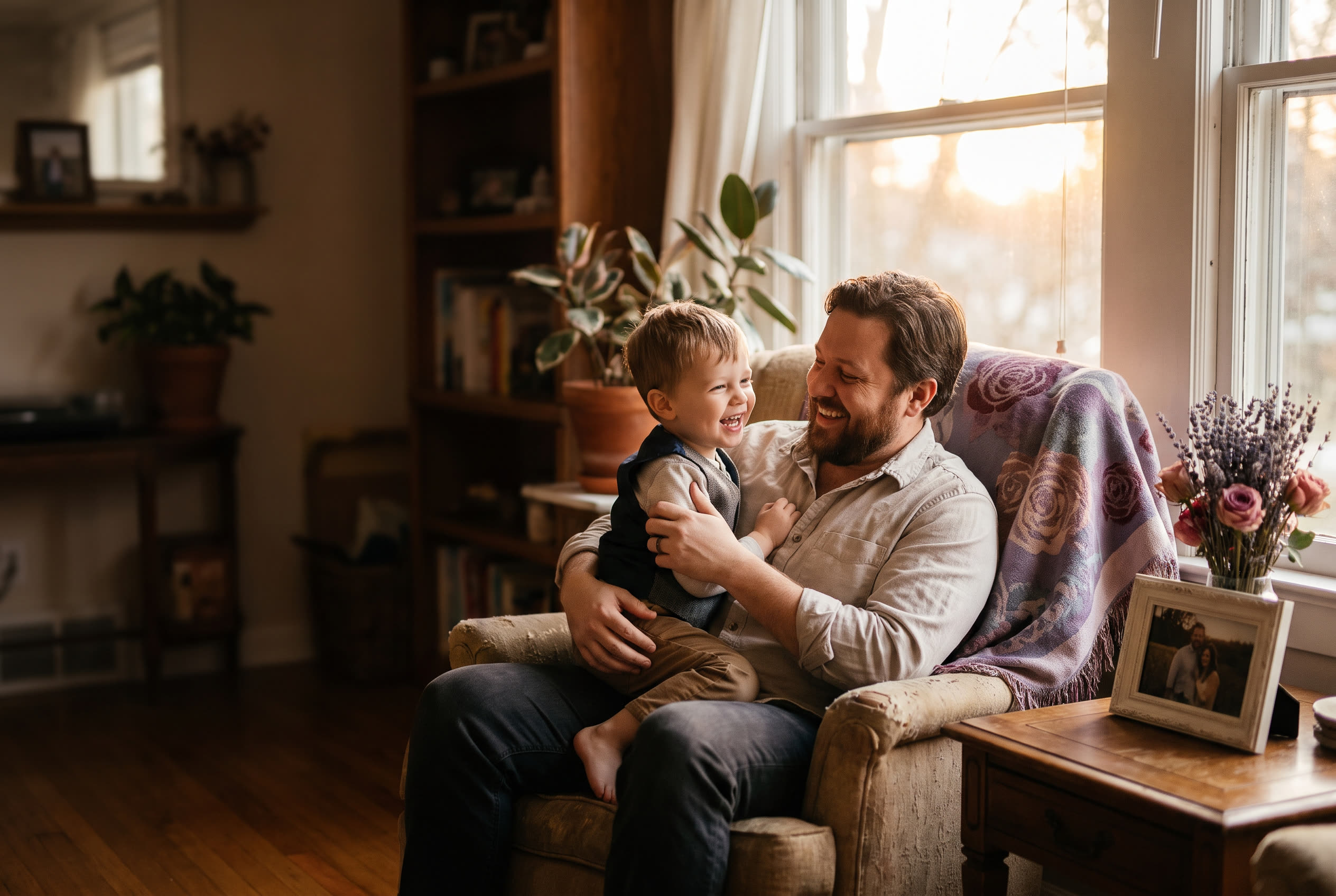 A person and their son sharing a joyful wedding moment at home