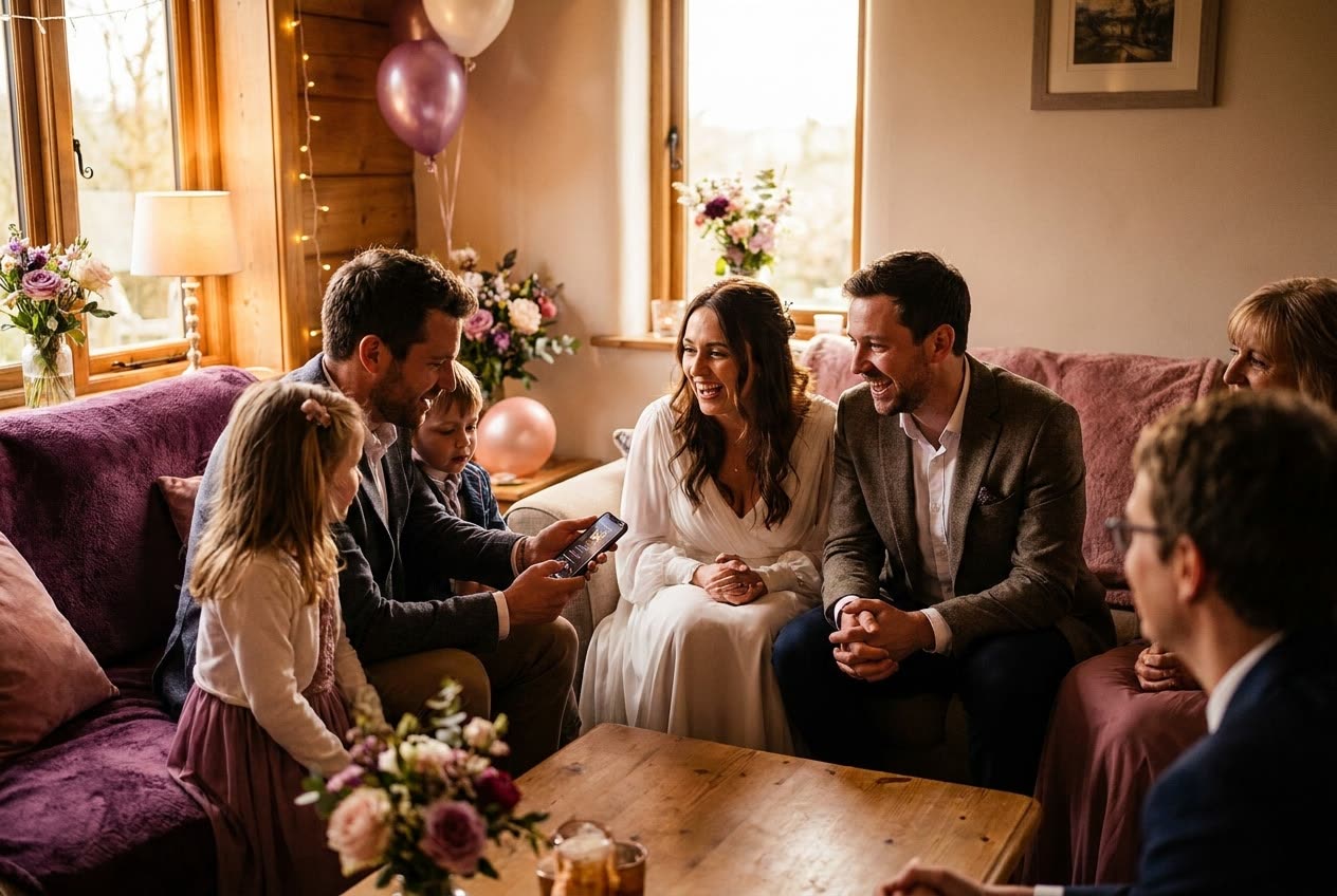 A family playing a song from a smartphone for their wife during a wedding celebration, everyone listening with delighted smiles