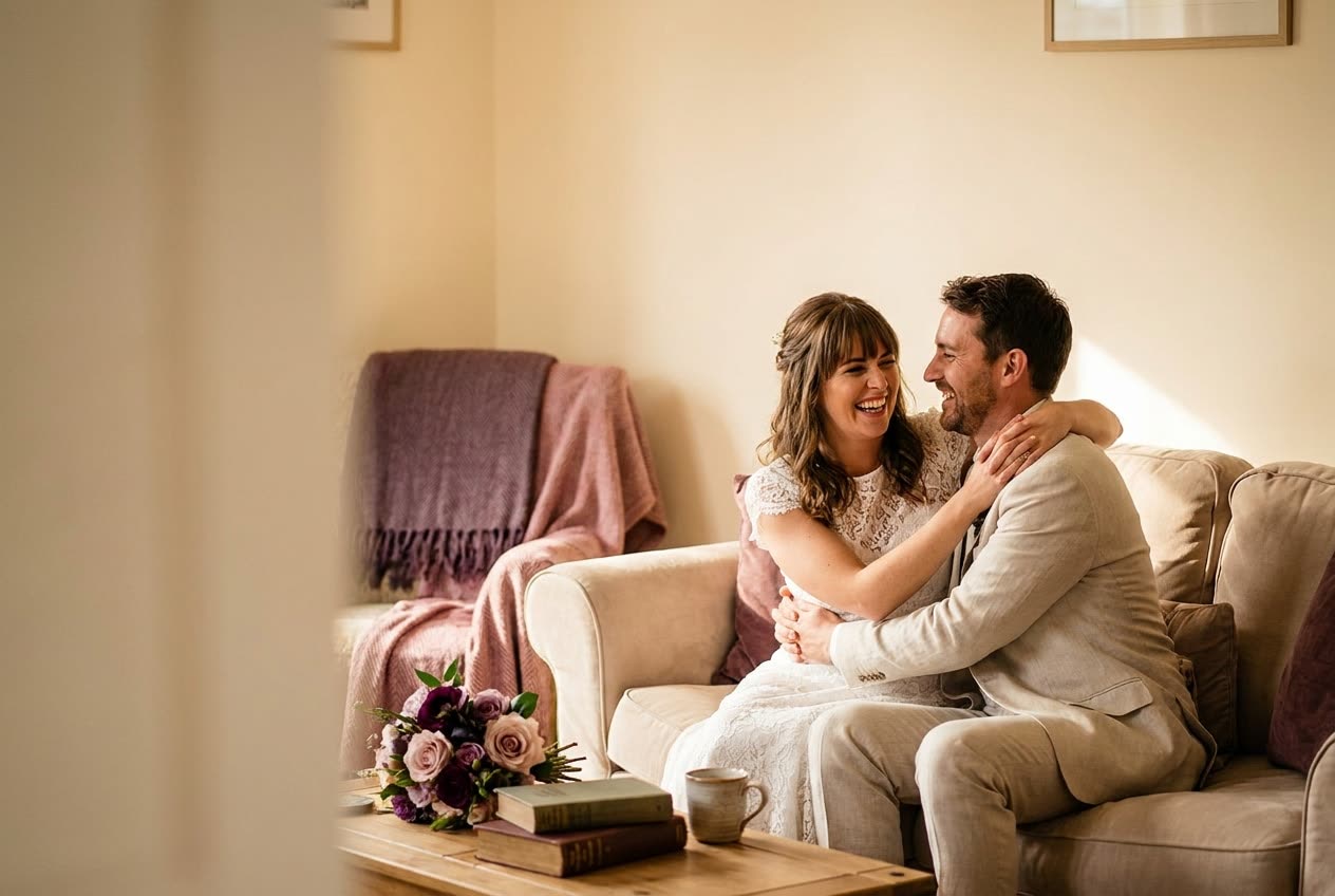A person and their wife sharing a joyful wedding moment at home