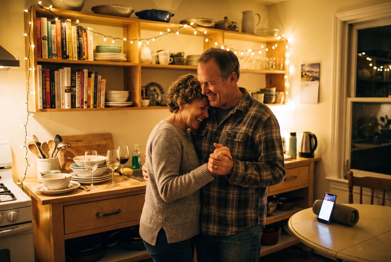 A couple slow-dancing in their kitchen to their personalized anniversary song