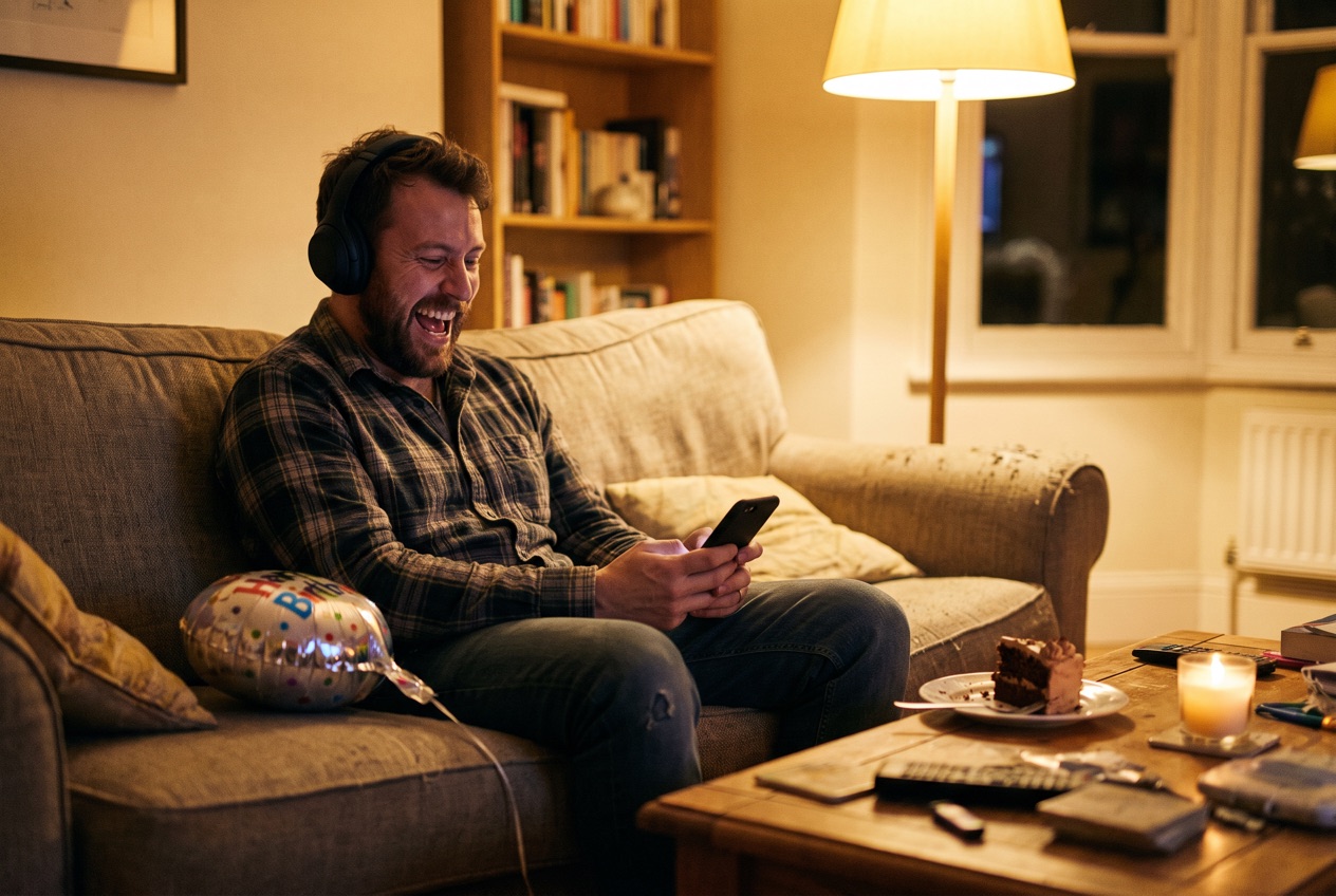 A man in headphones laughing as he hears his birthday song for the first time