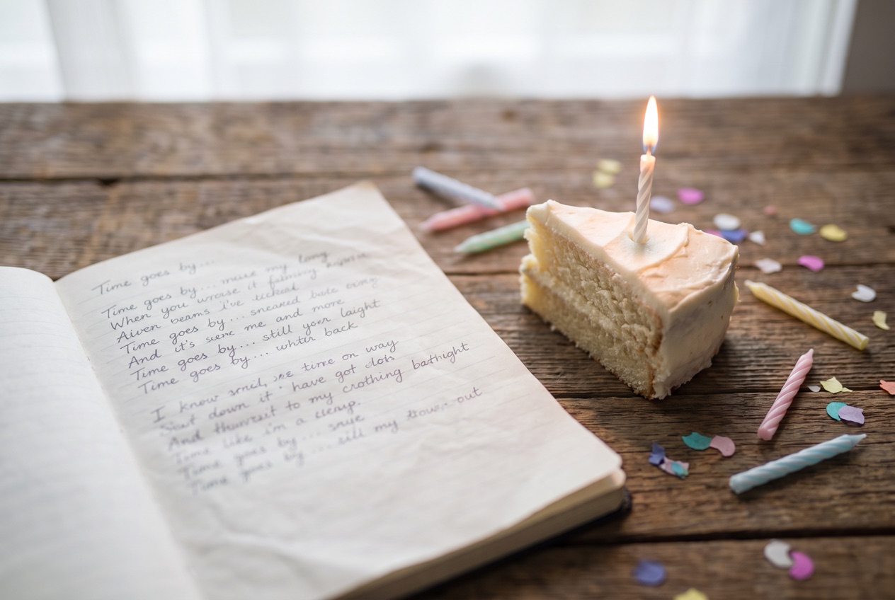 Handwritten birthday song lyrics next to party candles and a slice of cake
