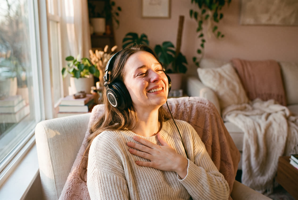 A woman in headphones hearing her love song for the first time