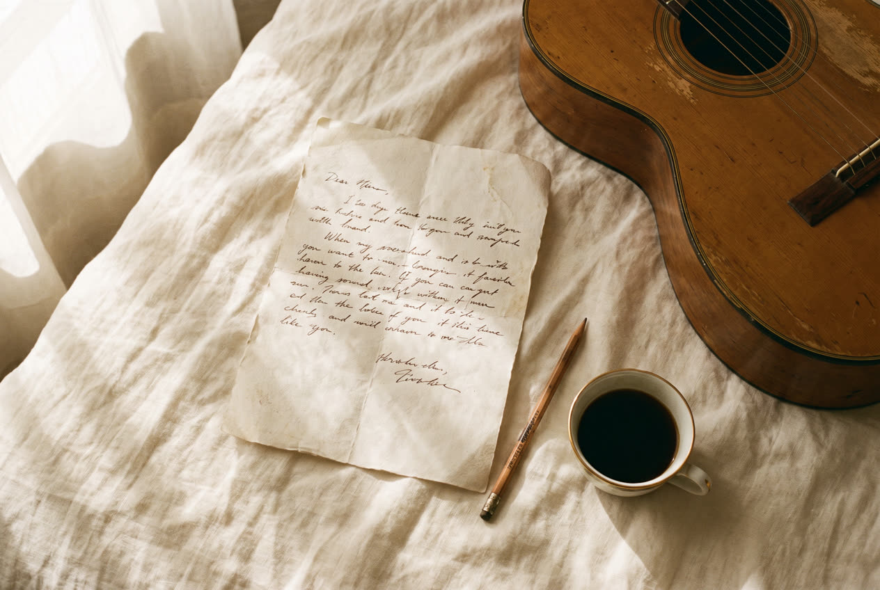 Handwritten love song lyrics beside an acoustic guitar