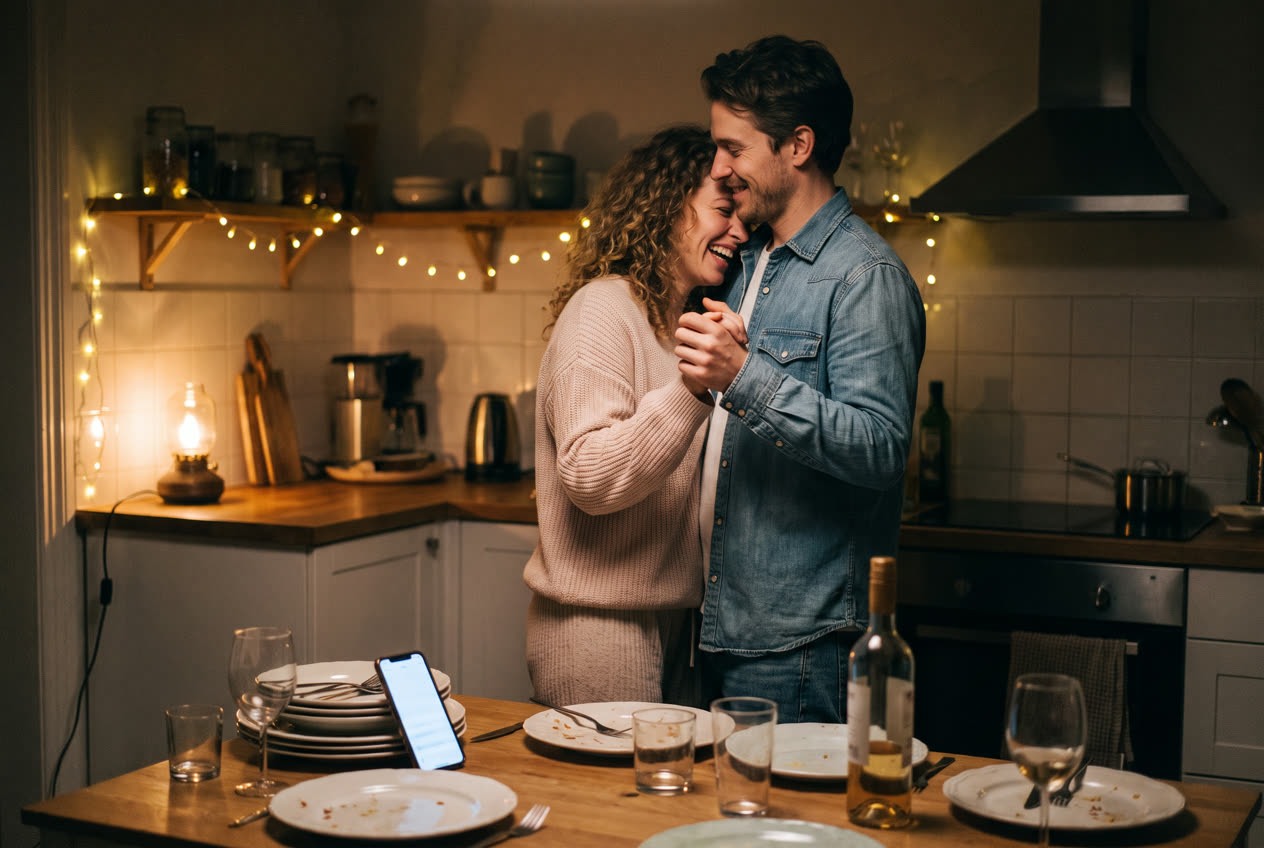 A couple slow-dancing in their kitchen while their song plays