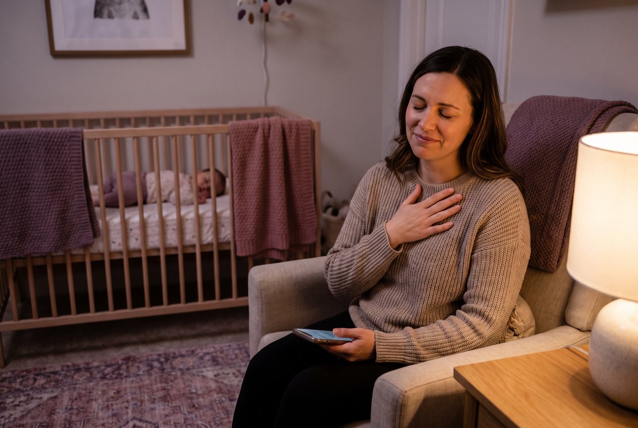 A mother listening to her baby's personalized lullaby with her hand over her heart