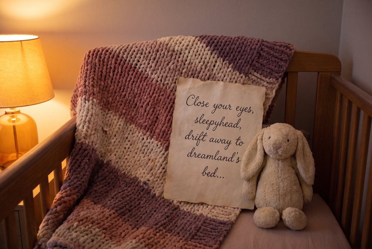 Handwritten lullaby lyrics resting on a crib blanket beside a plush toy