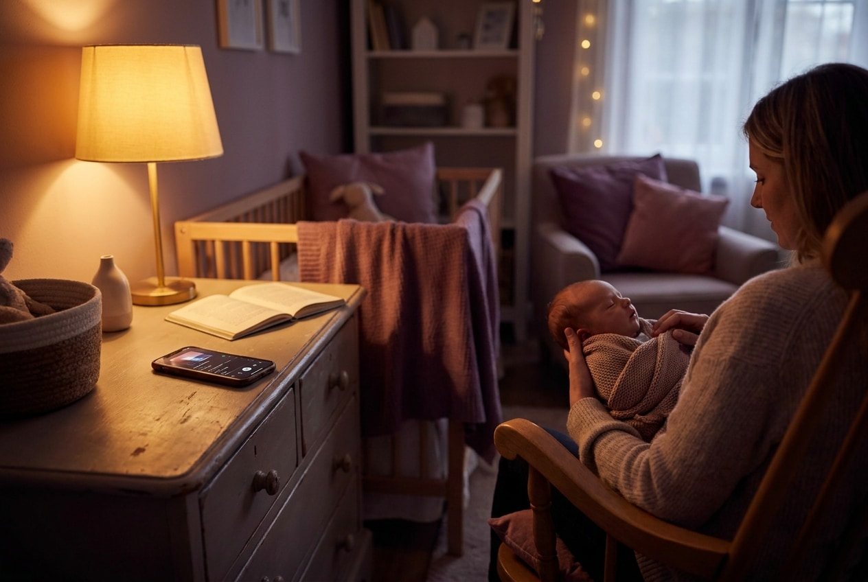 A parent rocking a baby in a dim nursery while a personalized lullaby plays