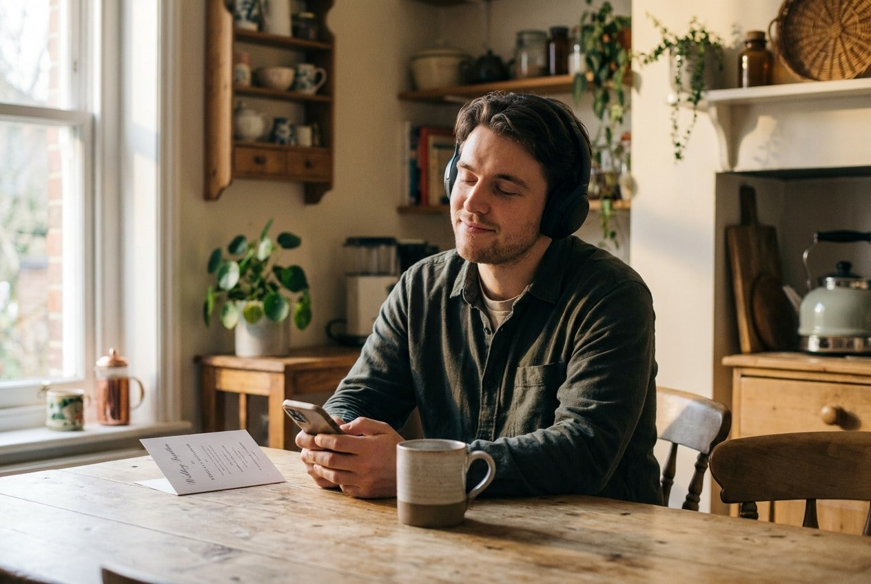 A person alone with headphones, listening in morning light, a wedding invitation nearby