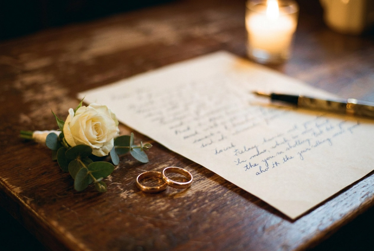 Handwritten song lyrics on paper beside two wedding rings and a boutonniere