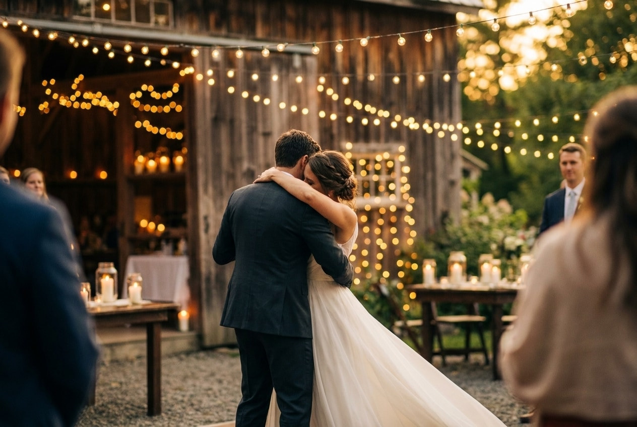 A couple mid first dance at a small wedding, seen from behind, no faces in focus